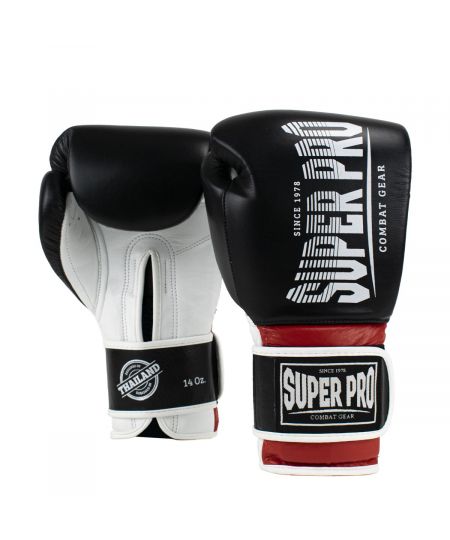 Super Pro Combat Gear Leren Thai Bokshandschoen Stripes - Zwart