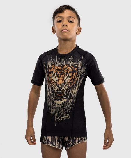 Venum Tiger Kids Korte Mouw Rashguard - Zwart / Neon Oranje