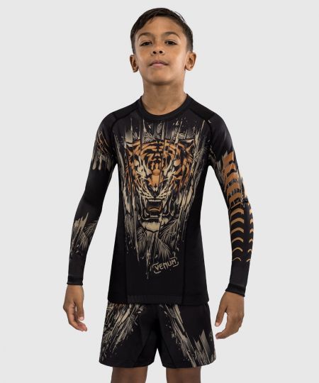 Venum Tiger Kids Lange Mouw Rashguard - Zwart / Neon Oranje