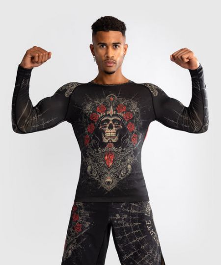 Venum Santa Muerte 5.0 Lange Mouwen Rashguard voor Heren - Diep Zwart/Goud